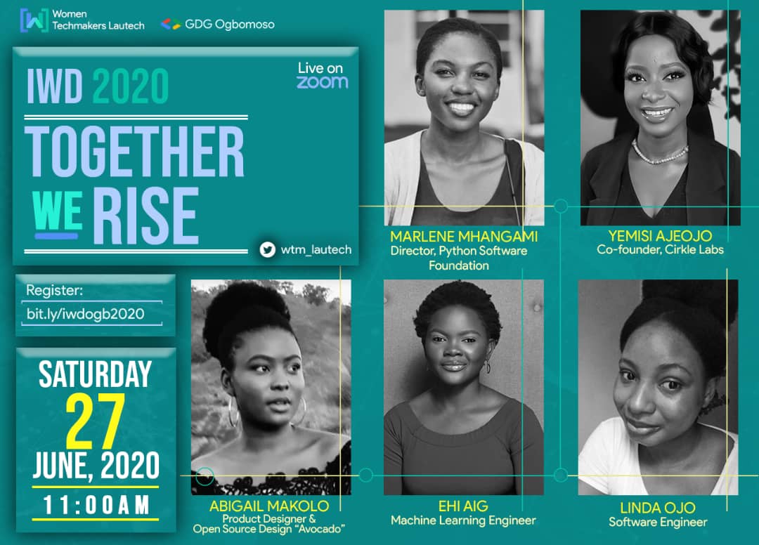 Halleluyah25's tweet photo. Despite all odds, we still find time to celebrate those that matter to the world.
Celebrating INTERNATIONAL WOMEN DAY #IWD with the theme TOGETHER WE RISE
Join us on Zoom tomorrow:
27th June, 2020
11am
@wtm_lautech @gdgogbomoso @gdg @WomenTechmakers
#CelebratingWomenInSTEM https://t.co/HmGWuXHmJD