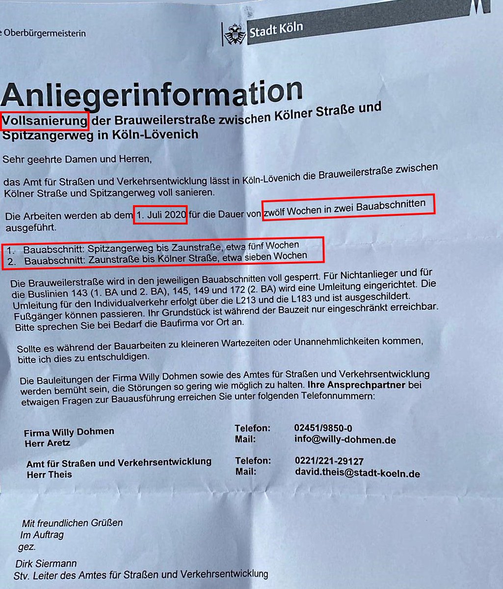 #Lövenich Sanierung der Brauweilerstraße ab 01.07.2020