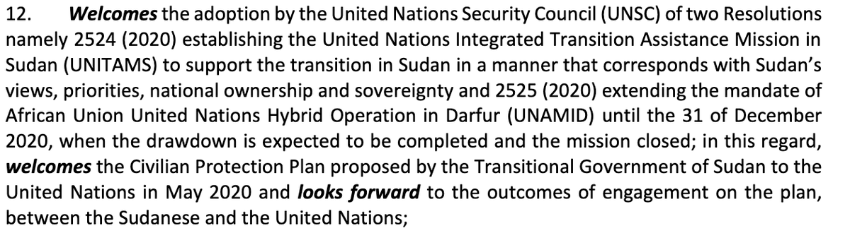 Despite positive aspects of this Communiqué, there is a glaring error: UNSC Resolution 2525 DOES NOT mandate that  @unamidnews complete its exit by Dec 31, 2020. It only says that the  #UNSC must decide on its next course of action by 12/31 (7/x)