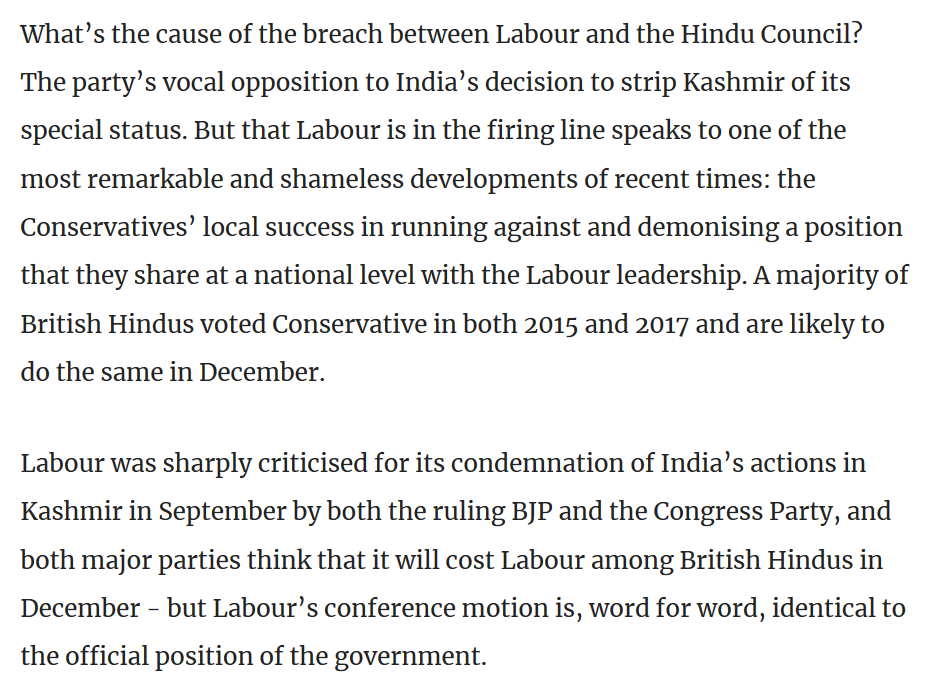 Is this a trope I see? Is Bush suggesting that British Indians have "dual loyalty"—that they base their voting choice on what happens in Kashmir rather than what happens in Britain? (No, it's sensible stuff, but the double standard is evident.) 13/ https://www.newstatesman.com/politics/uk/2019/11/whats-behind-labour-partys-rift-hindu-voters