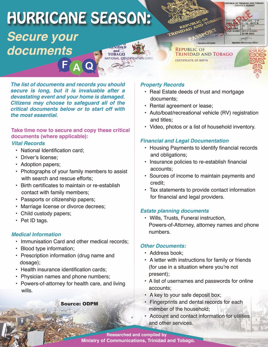 ttgovcomms's tweet photo. Secure your documents in this Hurricane Season⛈📑
Take time now to secure and copy these critical documents (where applicable). 
#FAQ 
@newsgovtt @tttliveonline  @ODPM_TT @ttnatsecurity https://t.co/IZx7pANPsL