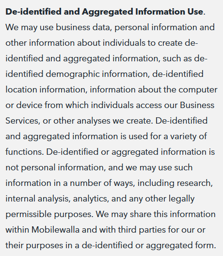 "The aggregation is done at the device level" and "performed on a unique 'latitude - longitude …' combination" including device IDs.Btw. I love their weird understanding of 'aggregate' data, which they claim to share with others: https://cdn2.hubspot.net/hubfs/4309344/Content%20Offers/Mobilewalla%20Data%20Dictionary_Aggregated_FEB2020.pdf https://www.mobilewalla.com/business-services-privacy-policy