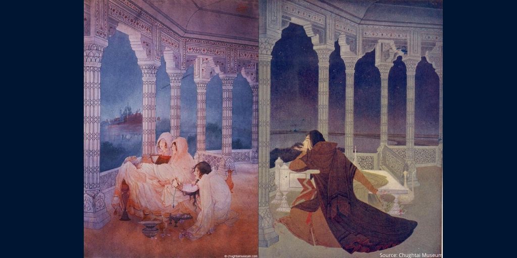 theheritagelab's tweet image. 'Passing of #ShahJahan' and '#Jahanara at the Taj' by A.R. #Chughtai (1897-1975) ©Chughtai Museum
He painted intimate and touching scenes of royalty. So different from how we see them depicted in mughal miniatures.

More paintings by the artist: bit.ly/3g0632X