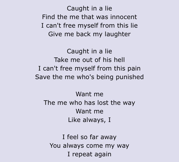 Lie !! pretty straight forward i think!! caught in a lie trying to hide your true self, losing your sense of self in the process,, but knowing that your true self is still in there you just have to accept it