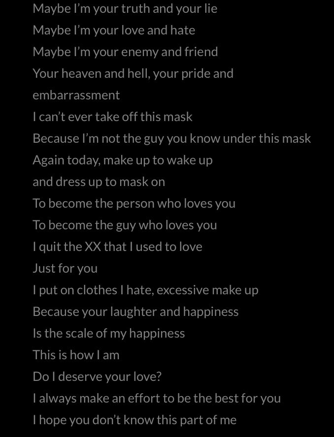 Outro Her ! wearing a mask again, do i deserve ur love?,, all of my wonder, ur the answer, i call u her, cause ur my tear,, being confused but finding yourself in the one u love, but that love has to stay secret,, (her = a beard type situation imo)