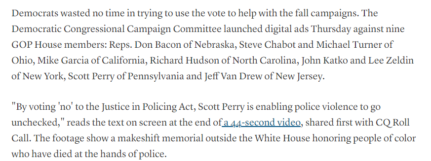 And if that weren't enough to make one doubt the sincerity behind the vote on the  #JusticeInPolicingAct from  @RepBrianFitz, then there's this...The  @DCCC dropped a bunch of ads on  #GOP reps who voted NO on the bill./4 https://www.rollcall.com/2020/06/25/house-set-to-pass-policing-bill-into-familiar-partisan-stalemate