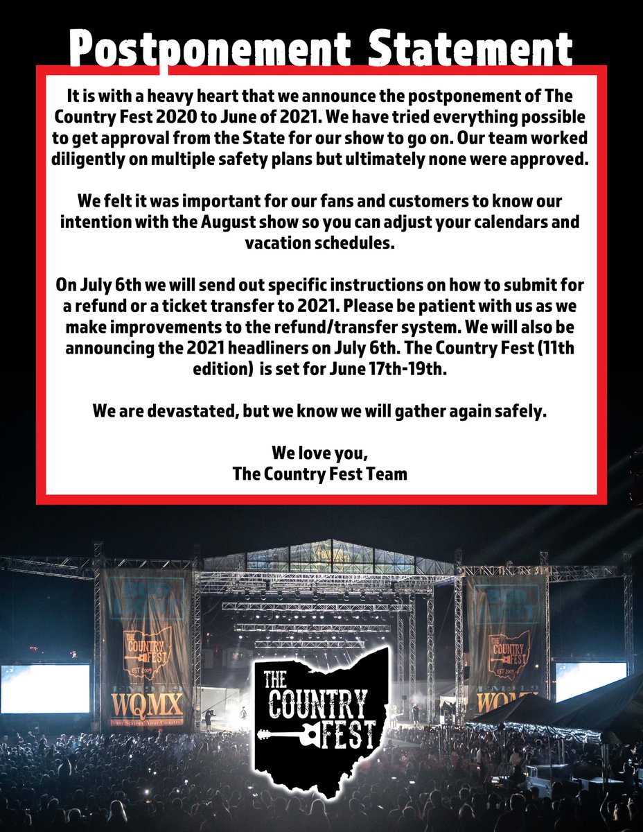 CountryFestOhio's tweet photo. 😭😭 Dates set for TCF 11- June 17-19, 2021. Be safe fam. https://t.co/uwQGUW47BN