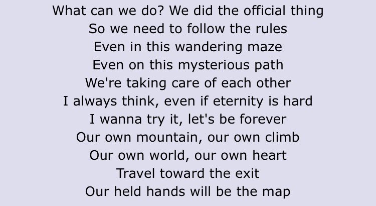 Love Maze! Believing in yourself and your love, making your own path and rules, “let them be them, let us be us,” “if were together, even an endless maze is paradise” :,,)