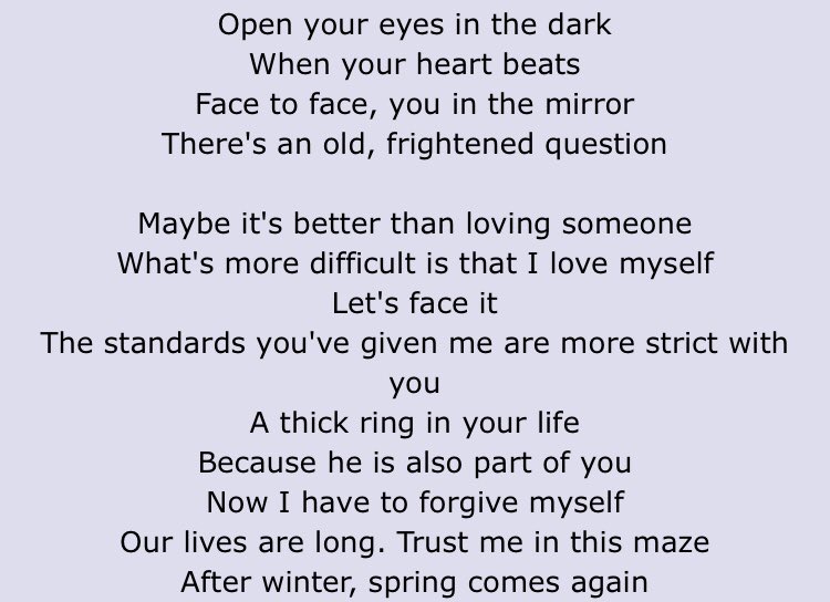 Answer: Love Myself ! learning to love yourself is hard enough but when ur lgbt+ sometimes it can be even harder :,) looking in the mirror for an answer, but in the end youre still you,, this song makes me happy in a sad way