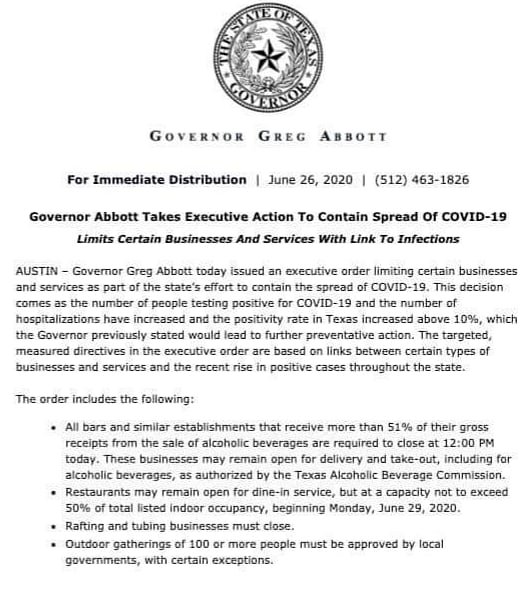 chris4constable's tweet photo. The Governor announced this morning that all Bars in Texas will be required to close their doors at 12 noon today. Rafting and Tubing businesses must close as well. Also, Monday June 29 all restaurants in Texas must reduce to 50% occupancy. Stay Safe and Protect Yourself! https://t.co/JWzzdLUmCN