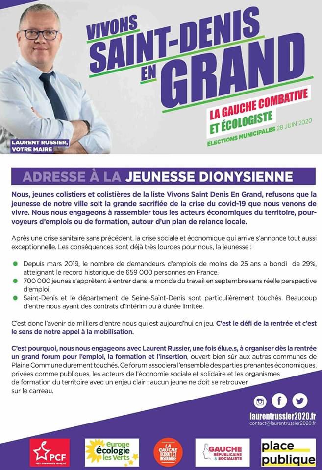 LaurentRussier's tweet photo. 📣📣📣 Adresse à la jeunesse dionysienne : « Nous, jeunes de la liste Vivons Saint-Denis en Grand, refusons que la #jeunesse de notre ville soit la grande sacrifiée de la #crise du #COVID19 » https://t.co/Kgp9AaajTs