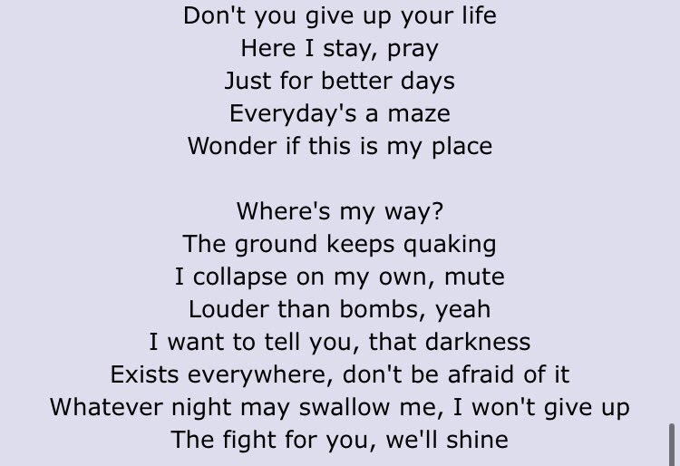 Louder than bombs! co written by troye sivan obviously,, trying to find ur place in the world, dont be afraid of the bad in the world cause we’re together, we’re louder than their bombs and hate