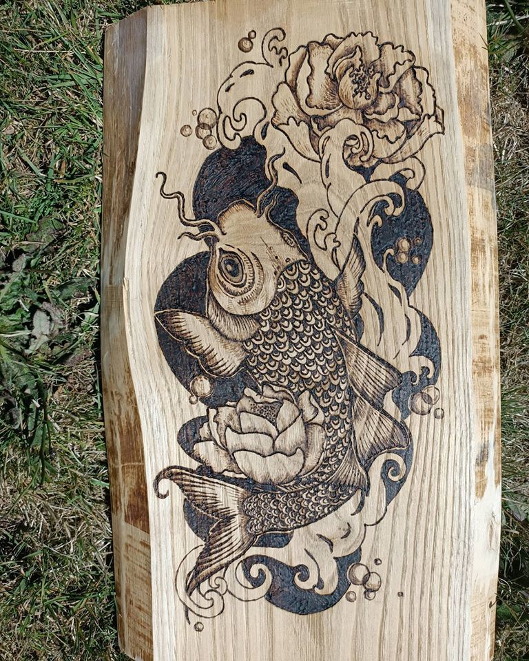 PyromaniArt's tweet photo. New piece of #Pyrography art inspired by #EastAsian style #Fish #Koi #Luck #Prosperity https://t.co/FQVu0ptJOx
