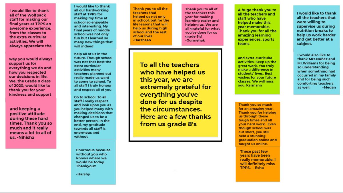 MmeTan9's tweet photo. When the Grade 8s organize their own Jamboard to thank @TonyPontesPS teachers for their hard work over the year &amp; over Distance Learning... my heart is so full, it's spilling it a little out of my eyes 🥰@PeelSchools https://t.co/T1DpVxDUJx