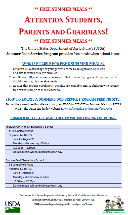 NeptuneSchools's tweet photo. The USDA summer food service program provides free meals when school is out! All children 18 or younger who as well as adults over 18 who are enrolled in school programs for persons with disabilities. See photos for more info! https://t.co/cZBhQcL1Kf