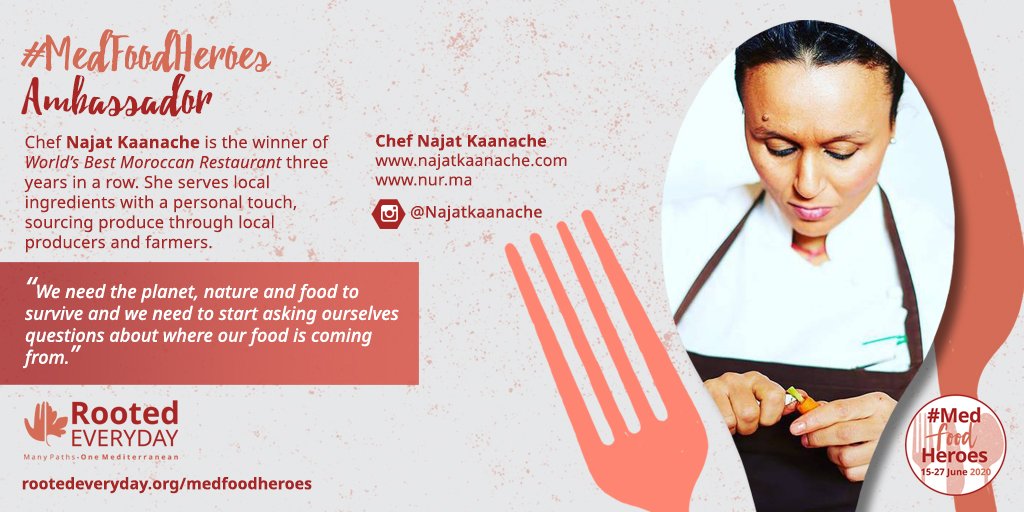 MedNatureCultur's tweet photo. Chef & #MedFoodHeroes Ambassador Najat Kanaache is the winner of World’s Best Moroccan Restaurant three years in a row. She serves local ingredients with a personal touch, sourcing produce through local producers + farmers. #RootedEveryday @Glob_Diversity https://t.co/qwBT7OJJ0P https://t.co/ElhTnnMcW2