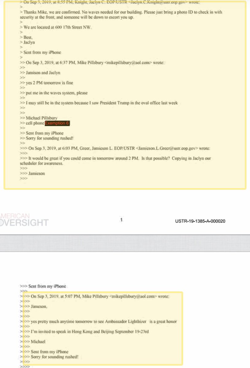 The documents show contact between senior USTR leadership and Pillsbury before his China trip and interest in meeting after he returned.