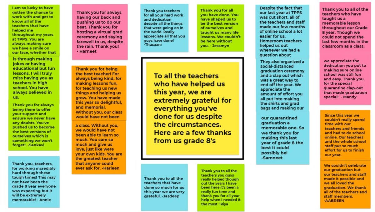 MmeTan9's tweet photo. When the Grade 8s organize their own Jamboard to thank @TonyPontesPS teachers for their hard work over the year &amp; over Distance Learning... my heart is so full, it's spilling it a little out of my eyes 🥰@PeelSchools https://t.co/T1DpVxDUJx