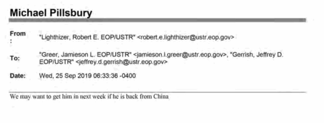 The documents show contact between senior USTR leadership and Pillsbury before his China trip and interest in meeting after he returned.