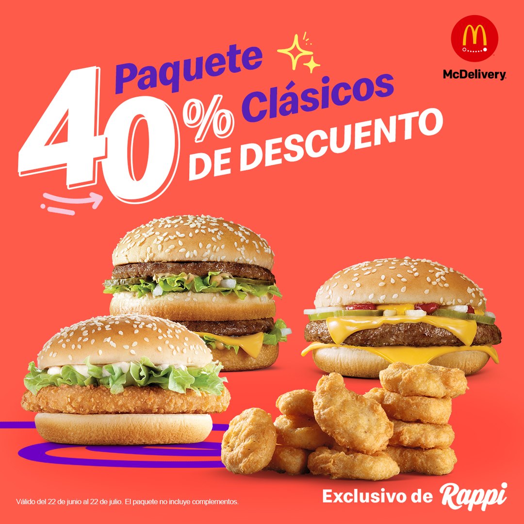 reflujo grado arrojar polvo en los ojos Cazaofertas sur Twitter : "Promoción McDonalds Rappi: 40% de descuento en  paquete 4 clásicos (big mac, cuarto de libra, McPollo y 10 nuggets)  https://t.co/udKbEmiylu #Oferta #promocion #México #ofertas #promociones  #descuentos #Cazaofertas https://t.co ...