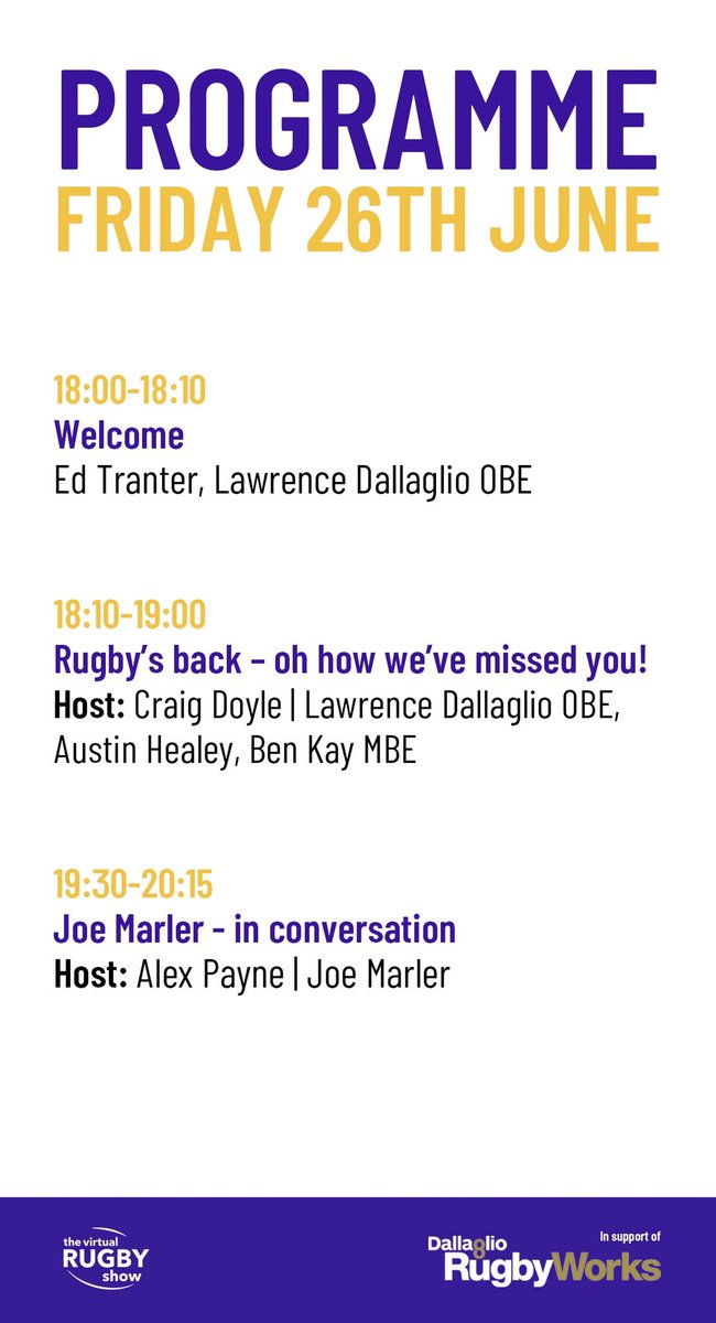 TODAY is your last chance to book a ticket to <a href="/The_Rugby_Show/">The Rugby Show</a> 🎟 

FIRST ON THE CARDS <a href="/dallaglio8/">Lawrence Dallaglio</a> , <a href="/BenKay5/">Ben Kay</a> , <a href="/IamAustinHealey/">Austin Healey</a> &amp; Craig Doyle chat all things rugby, what they’ve missed and what we’ve got to look forward to....💯

thevirtualrugbyshow.co.uk