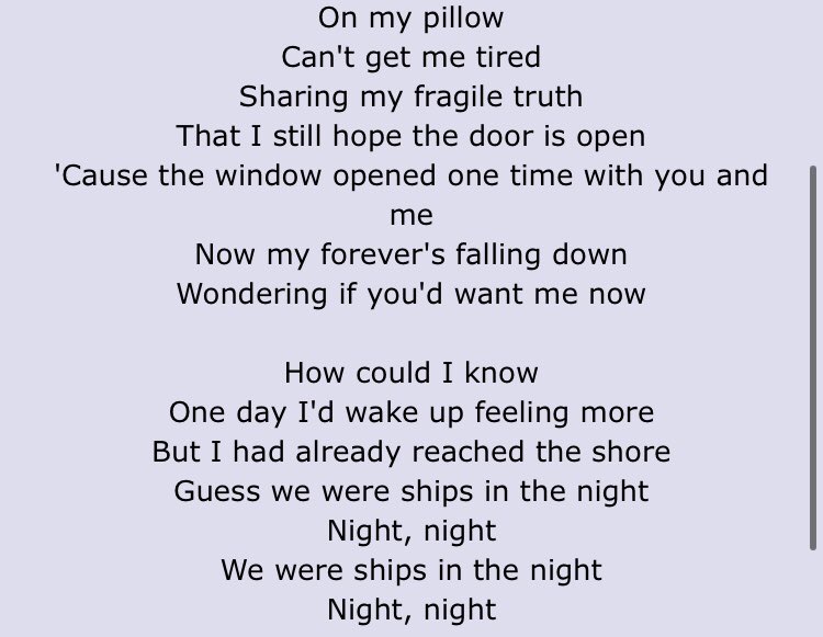Sweet Night ,, gosh literally just pining after your best friend, “how could i know one day id wake up feeling more” ,,” im wondering are u my best friend” literally the whole song captures the gay pining experience i think