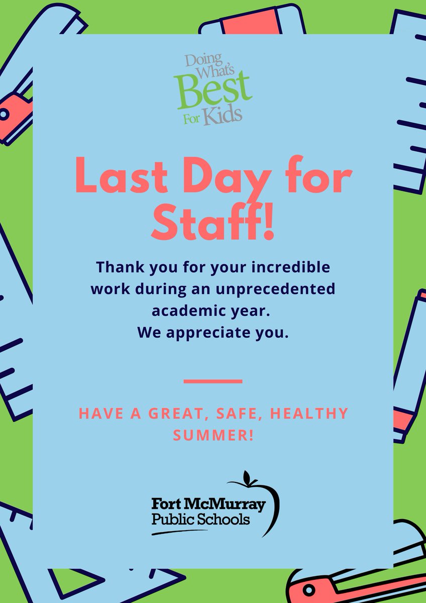 FMPSD's tweet image. Last Day for Staff! Thanks for your incredible work during this unprecedented academic year and for embracing #ABLearningatHome and #FMPSDlearningathome. You are amazing! #YMM #RMWB @JTurner_RPsych @FMPSDEdDept @NobleShannon2 @annaleeskinner @orangelid @Kallal99