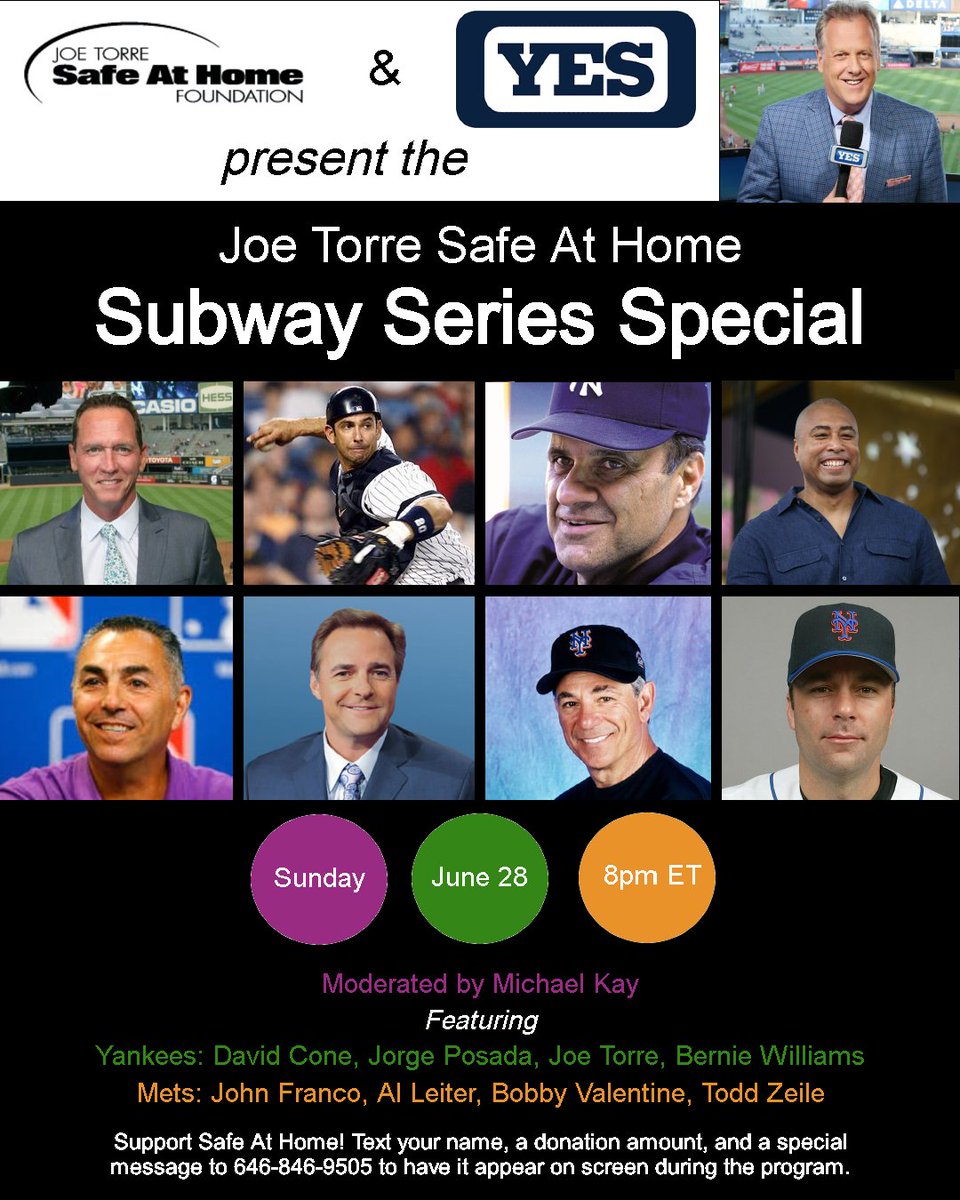 Tune into @YESNetwork on June 28 at 8pm for a Subway Series Special featuring John Franco, @AlLeiter22 @JORGEPOSADA_20 @JoeTorre @BobbyValentine @Todd_Zeile @dcone36 @bw51official @RealMichaelKay. Thanks to presenting sponsors @FCTC10 @SOMPatriots @ClintonHonda