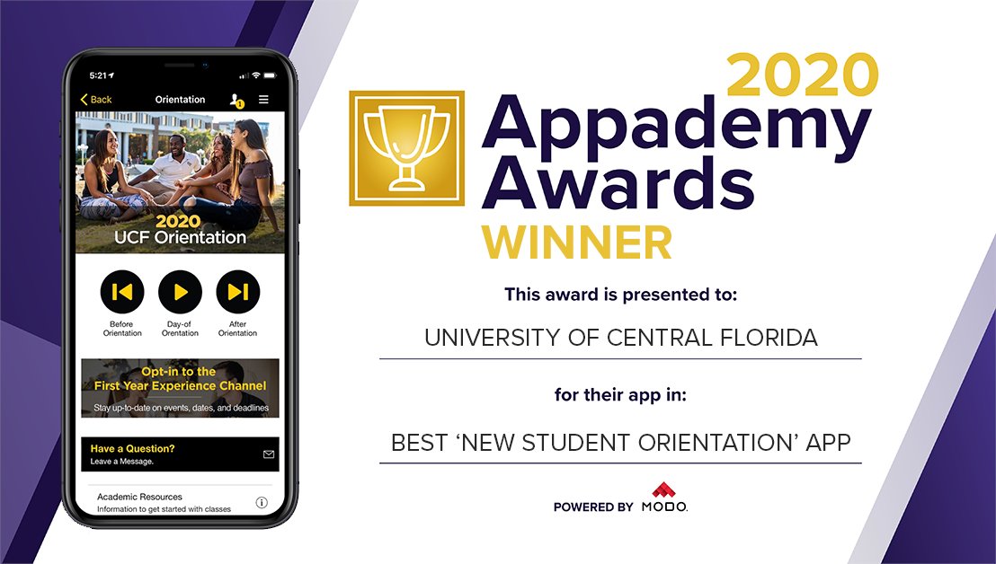 ucfmobile's tweet image. Happy to announce that the UCF Mobile app has won its 4th Appademy award for Best New Student Orientation App. Thank you, @UCF_FYE, for being a great @UCF partner in creating a valuable mobile resource for the UCF community. #bestappsof2020