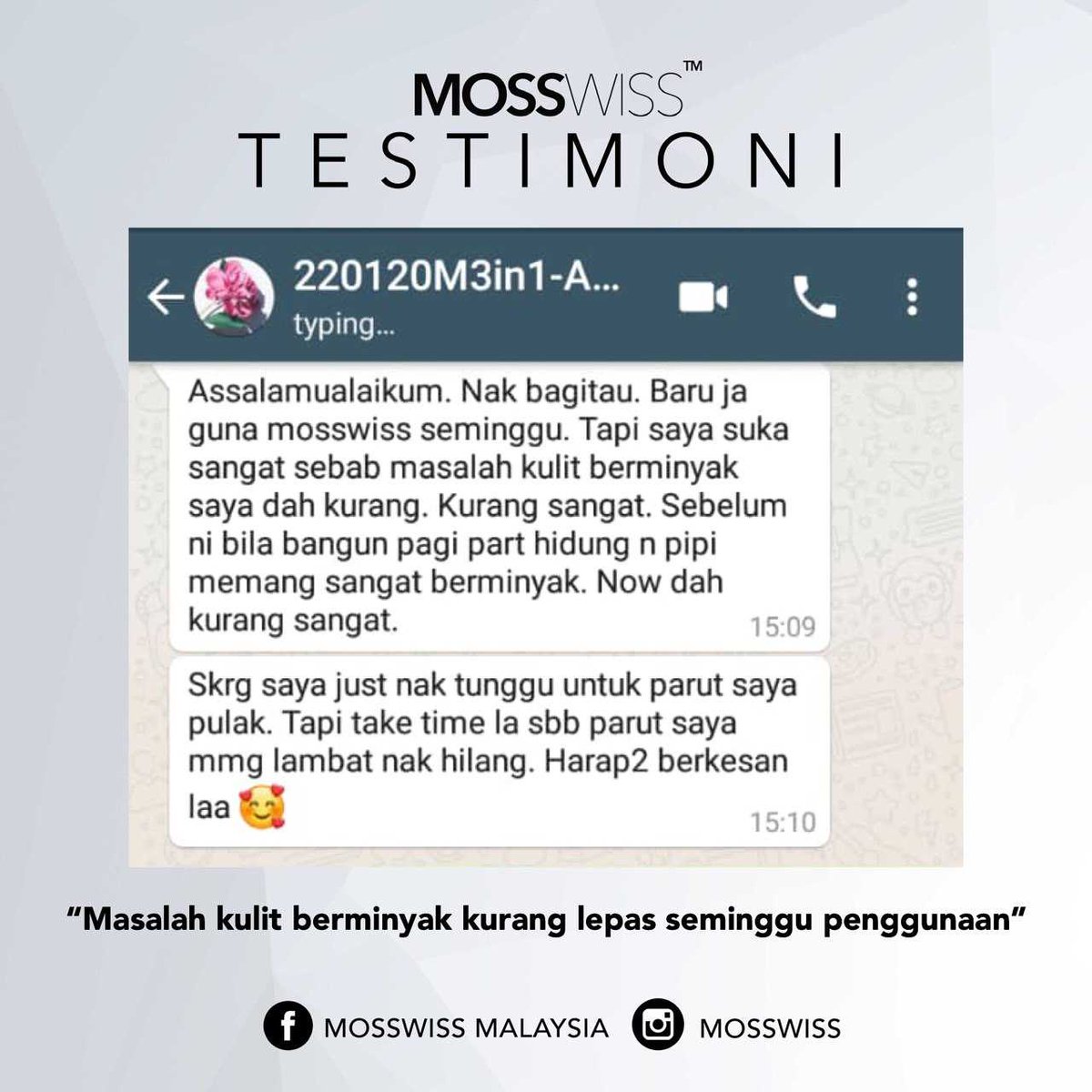 Banyak feedback kita terima dari customer yang dah try Mosswiss Skincare. Alhamdulillah we are so happy Mosswiss suite well with you  And mosswiss skincare ni SUITABLE FOR ALL SKINTYPE tau 