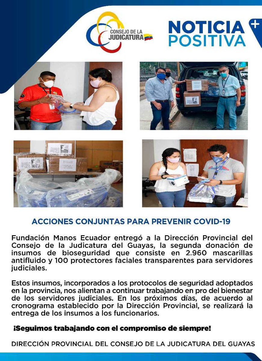 RobertFriendM's tweet photo. Agradecemos públicamente a la fundación @manosecuadororg por seguir sumando esfuerzos y donarnos por 2da ocasión mascarillas y protectores faciales para nuestros servidores judiciales. ¡Seguimos trabajando con el compromiso de siempre! @CJudicaturaEc @GuayasCJ https://t.co/FdbIzzfp2d
