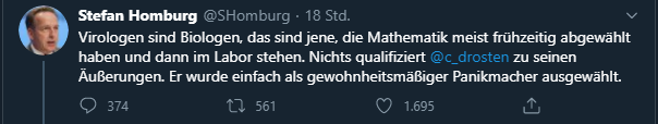 Volksverpetzer's tweet photo. Genau, ein Finanzprofessor ist natürlich vieeel qualifizierter über eine Corona-Pandemie zu sprechen als einer der weltweit führenden Corona-Experten. Ist ihm so ein Tweet nicht peinlich? #ProfHumbug @c_drosten #Drosten https://t.co/A6NcnqjOm0
