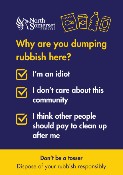 NorthSomersetC's tweet photo. If you're enjoying the great #NorthSomerset outdoors this #BankHoliday ....don't be a tosser.

✅ Take a bag for your rubbish
❌ Don't leave rubbish next to a full bin
✅ Take it home with you to throw away or recycle

#RespectProtectEnjoy #WeLoveNorthSomerset https://t.co/2AhC3hNLH8