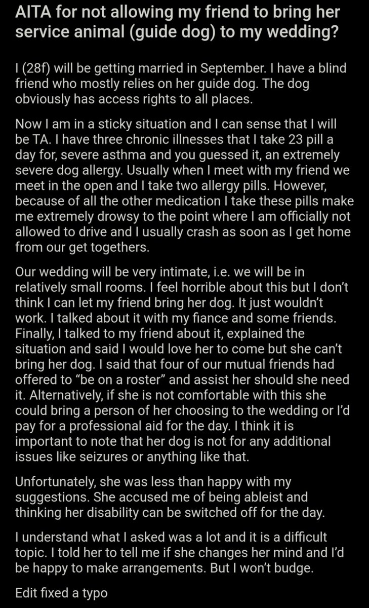 AITA for not allowing my friend to bring her service animal (guide dog) to  my wedding? https://t.co/VAvqqK2aCK, image size:729x1200