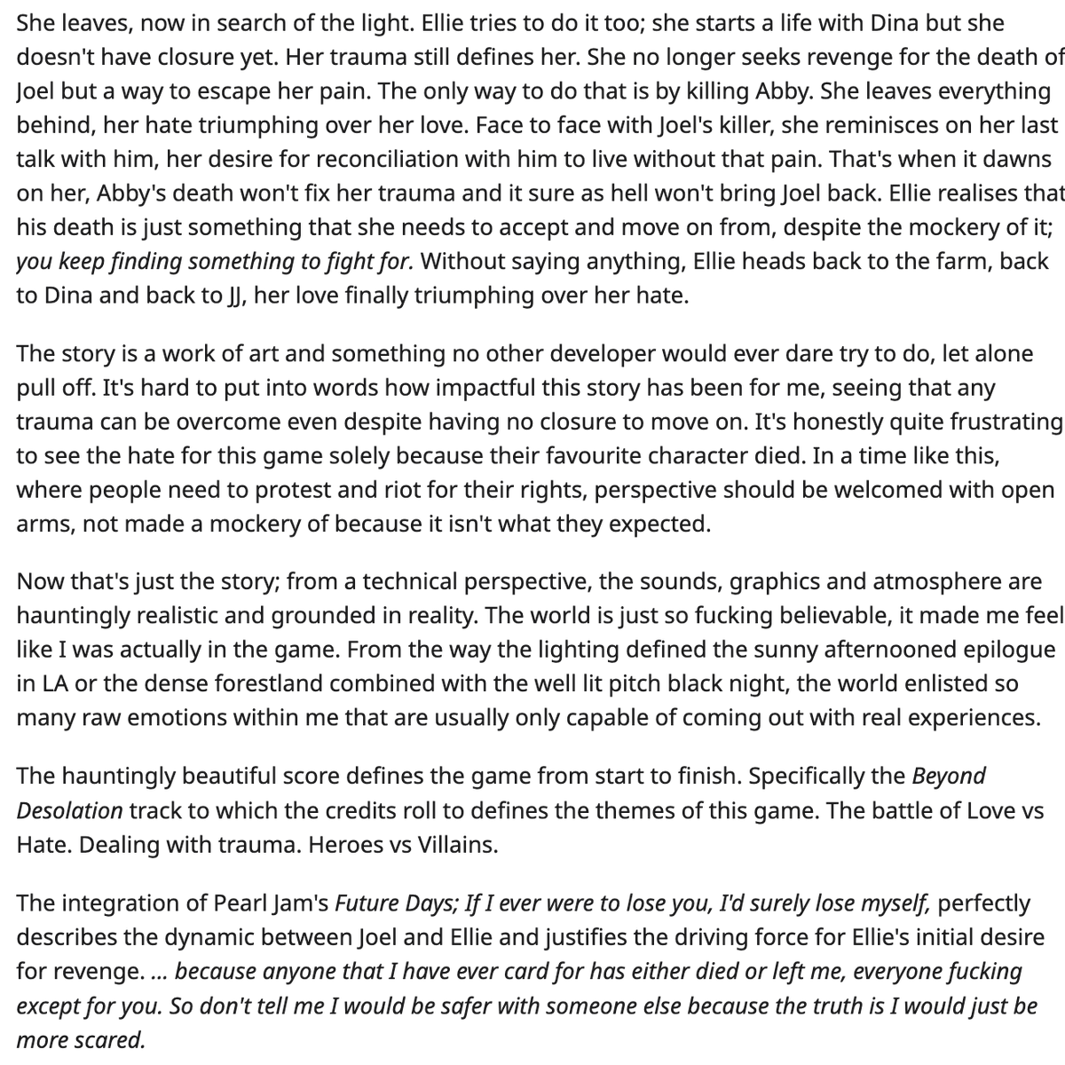 A great summary of The Last of Us Part II: https://www.reddit.com/r/thelastofus/comments/hcp6wn/spoilers_end_location_2/fvhrxh2/ #TheLastofUs    #TheLastofUsPart2    #TheLastofUs2    #TheLastofUsPartII    #TLOU2    #TLOU  #NaughtyDog