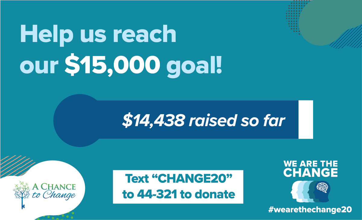 AChance2Change's tweet photo. There is still time to help us reach our $15,000 goal for the "We Are the Change" campaign, concluding on June 30! With your gift, we can continue our essential, life-saving mental health and substance use services. Give at https://t.co/aTixbEDwbw or text "CHANGE20" to 44-321. https://t.co/nsTf8fXYdA