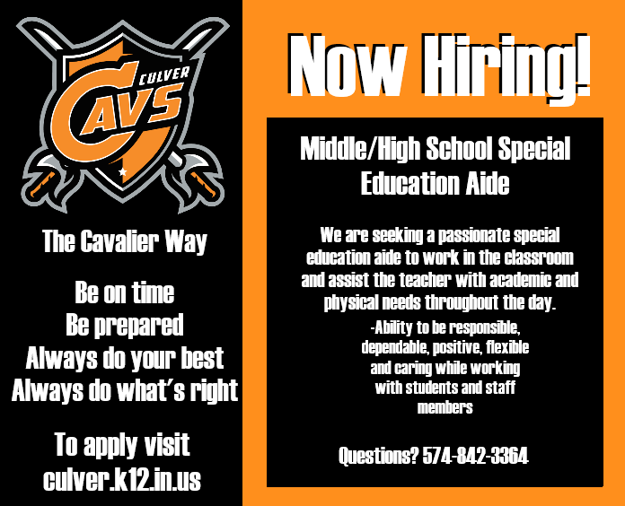 CcscCavaliers's tweet photo. Now Hiring! 
We are currently seeking a Special Education Aide to work with our Middle and High School students. This is for the 2020/2021 school year. To apply follow this link: https://t.co/GZXuzYbKbi
.
.
.
#CulverCavs #NowHiring #SpecialEducation #NewJob #PublicEducation https://t.co/Z5Jy4ojRFX