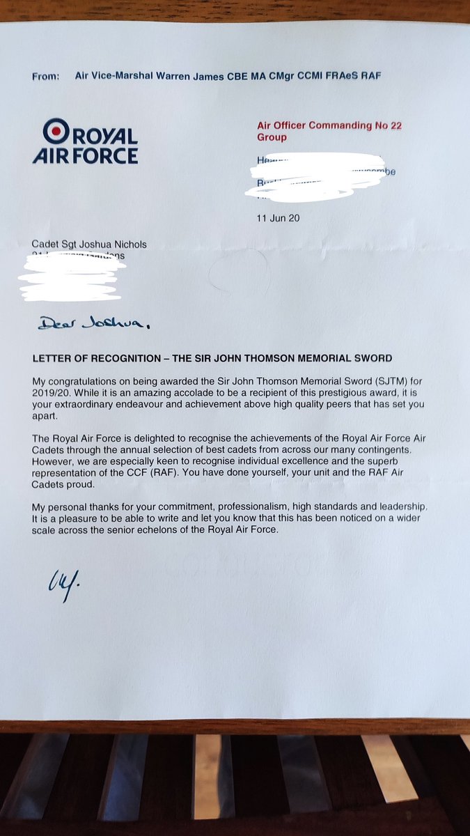 Thank you AOC 22GP AVM Warren James (no longer using the rafgander tag) for your letter congratulating me on winning the SJTMS this year, certainly made my day! <a href="/HeadCCFRAF/">DCOS Ops</a> <a href="/ComdtAC/">Commandant RAF Air Cadets</a> <a href="/Squadron142/">142_Squadron</a> <a href="/George_Heriots/">George Heriot's</a>