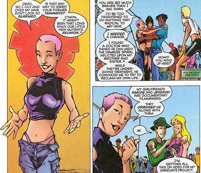 the new mutants: 11/10lesbians: xian, dani, illyanaall three go above and beyond they’re glorious extra points for that one time xian ditched superheroing to get a pink buzzcut of two gfs