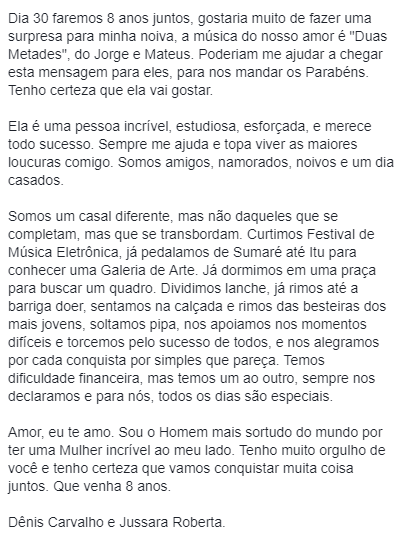 DenisFSCarvalho's tweet photo. Dia 30 faremos 8 anos juntos.
Poderiam me ajudar de alguma maneira? Quero muito fazer esse dia único para ela.
Dênis Carvalho e Jussara Roberta.

Pedi ela em namoro no primeiro dia que a vi e comprei a aliança no 3º dia.
A nossa música é "Duas Metades", do @jorgeemateus.

#8anos https://t.co/eEo7mzDBoH
