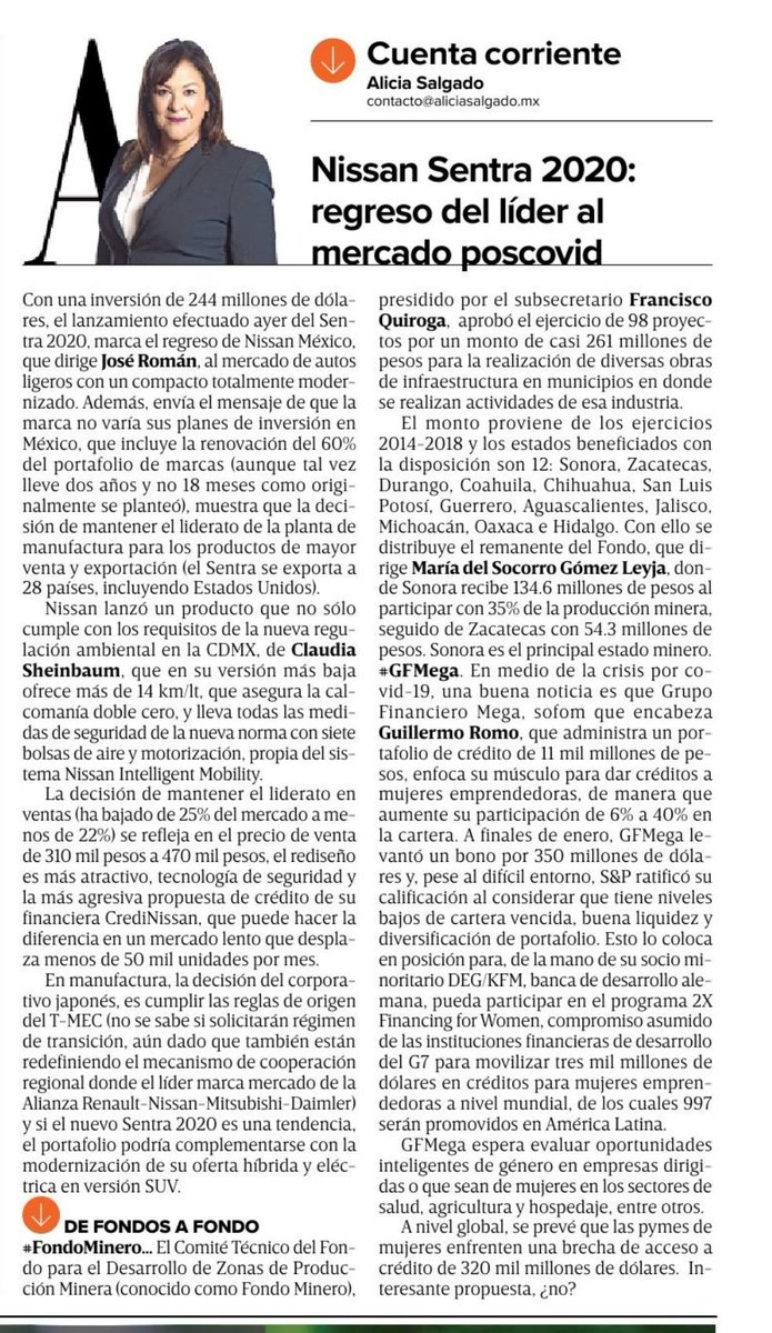 AliciaSalgadoMX's tweet photo. 🖋Mi columna de hoy en @Excelsior
📍@Nissan_mx Sentra 2020: regreso del líder al mercado poscovid
📍#FondoMinero presidido por
@PacoQuiroga aprobó ejercicio de 98 proyectos por un monto de casi 261 mdp para la realización de diversas obras
⬇️ https://t.co/LKTp62gj3M https://t.co/npzoy1KSpD