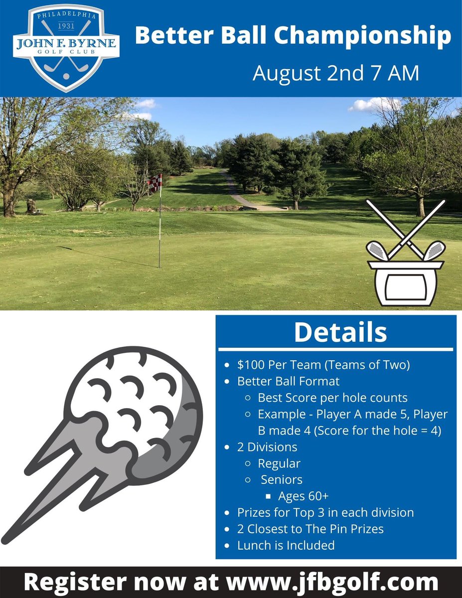 We are excited to announce the inaugural Better Ball Championship on August 2nd! 

Skill prizes, prizes for top 3 teams in each division, and lunch will be included! Register today! SPACE IS LIMITED!

jfbgolf.com/events/event-r…