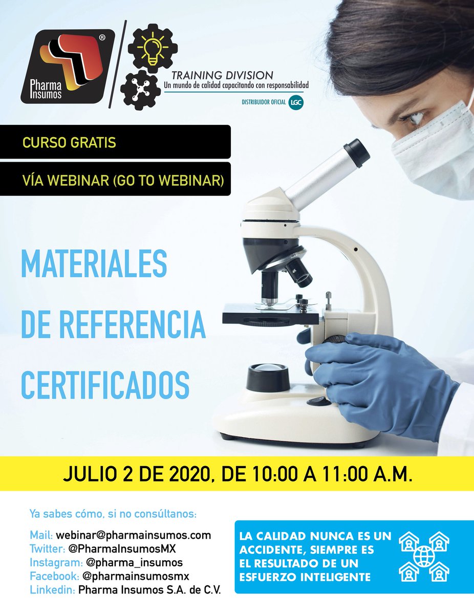 pharmainsumosN's tweet photo. Únete este próximo jueves 2 de julio de 10:00 - 11:00 hrs, a nuestro #webinar sobre Materiales de Referencia Certificados: https://t.co/esASxjU5Iz a través de @GoToWebinar 

@PharmaInsumosMX  Fortaleciendo la Calidad en México 🇲🇽 #YoSoyPharmaInsumos

💻webinar@pharmainsumos.com https://t.co/o37LmQpfiW
