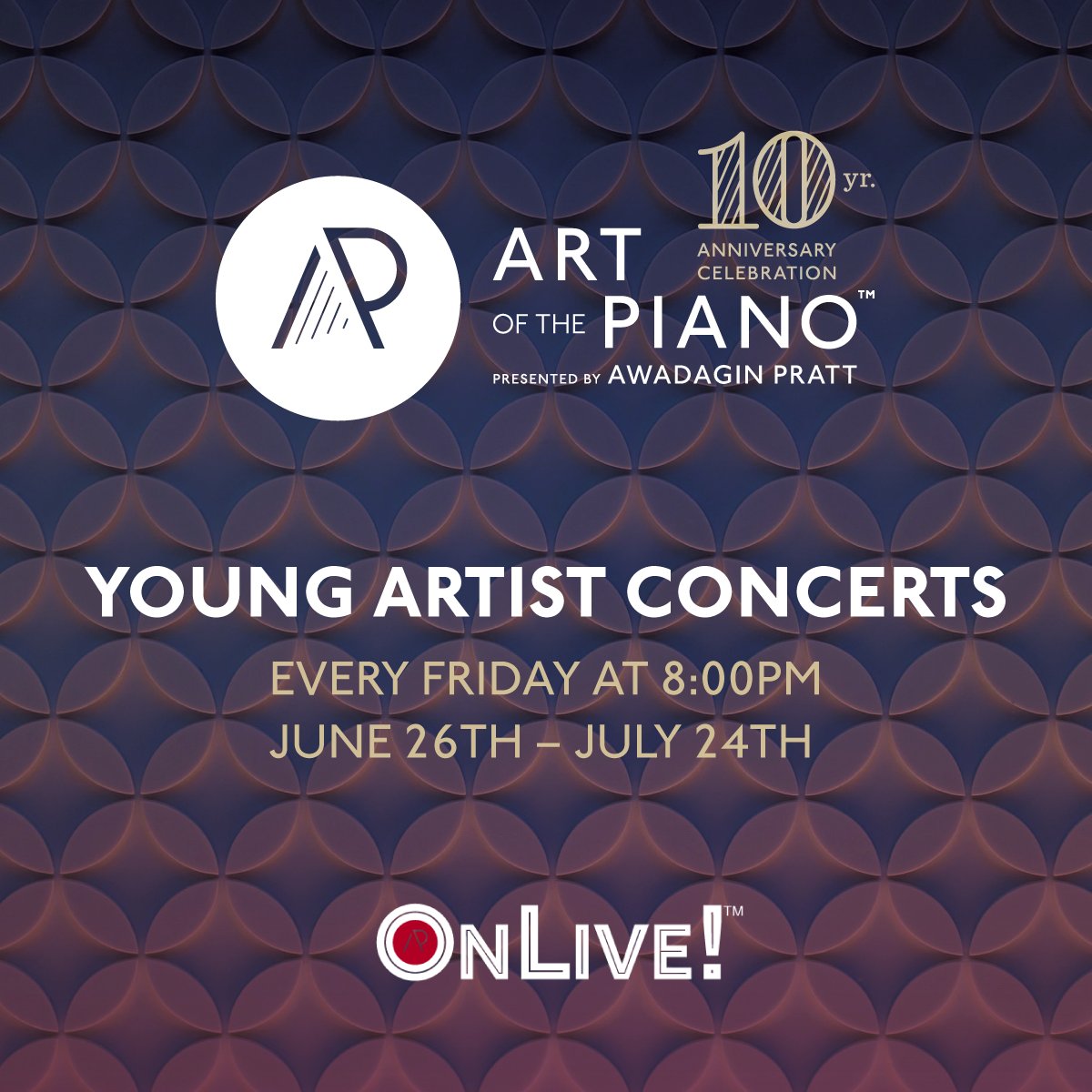 Mark your calendars! Every Friday at 8pm EST between June 26 and July 24 we’ll be featuring our Young Artists. Learn more about these extremely talented musicians - The Next Generation of the World’s Top Pianists - right here. artofthepiano.org/artists-partic…