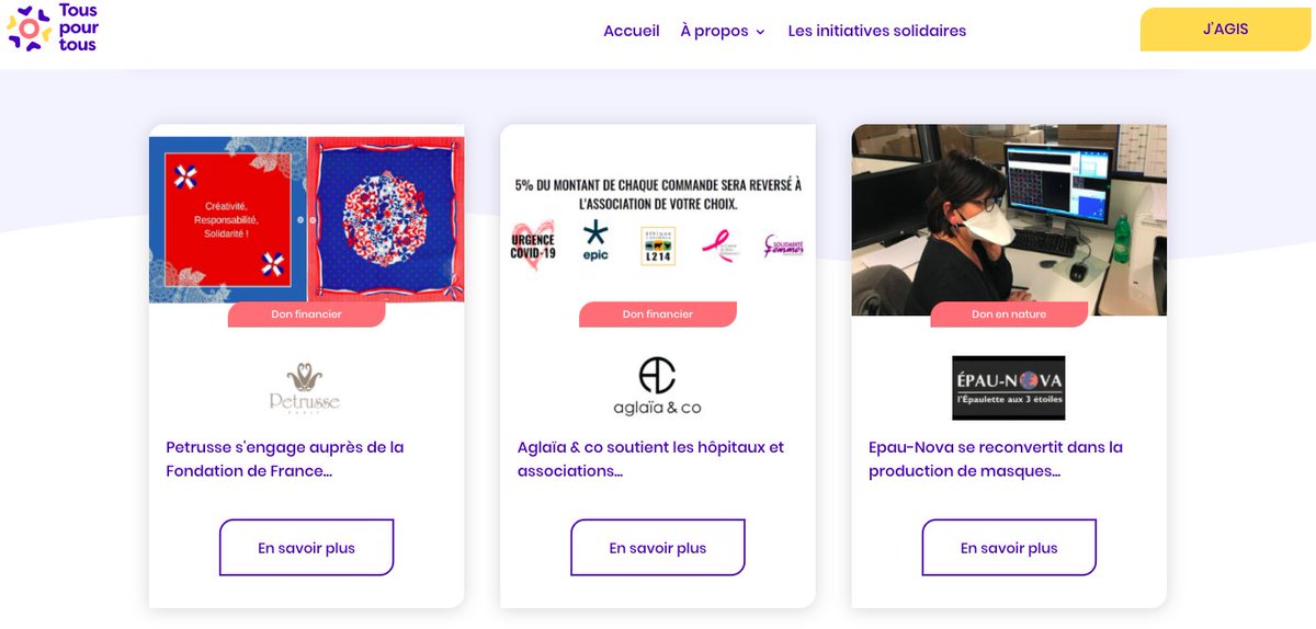 Le monde de la mode et du textile a su contribuer efficacement à la lutte contre le #COVID19 🧥 Retour sur les belles initiatives portées par 3 entreprises recensées sur #TousPourTous : #Petrusse, <a href="/AglaiaCo/">AGLAIA</a> &amp; #EpauNova ➡️ bit.ly/3fuxJwv