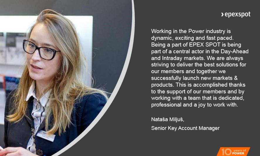 EPEXSPOT_SE's tweet photo. Nataša works for our Sales department, and she appreciates the challenges and dynamism that her role offers. To her, this is one of the #10thingswelove about EPEX. #10yearsofpower https://t.co/pD0U2H4wNE