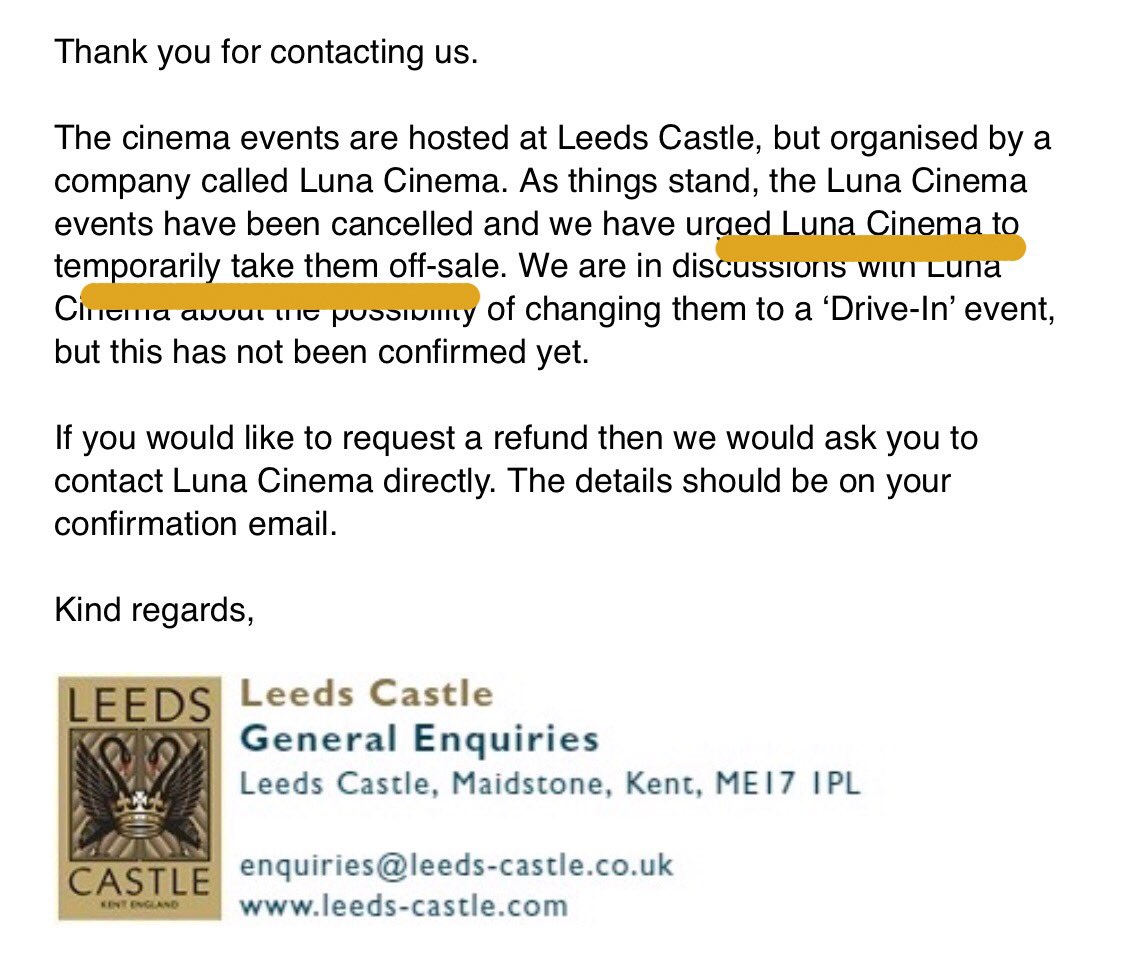 sociable_sam's tweet image. Hi @TheLunaCinema pls could you tell me why I was able to purchase tickets to a cancelled event? I purchased 4x tickets yesterday (25th June) and they are still available on your website. The Venue @leedscastleuk has asked you to stop selling them. 

Pls could I be refunded ASAP.