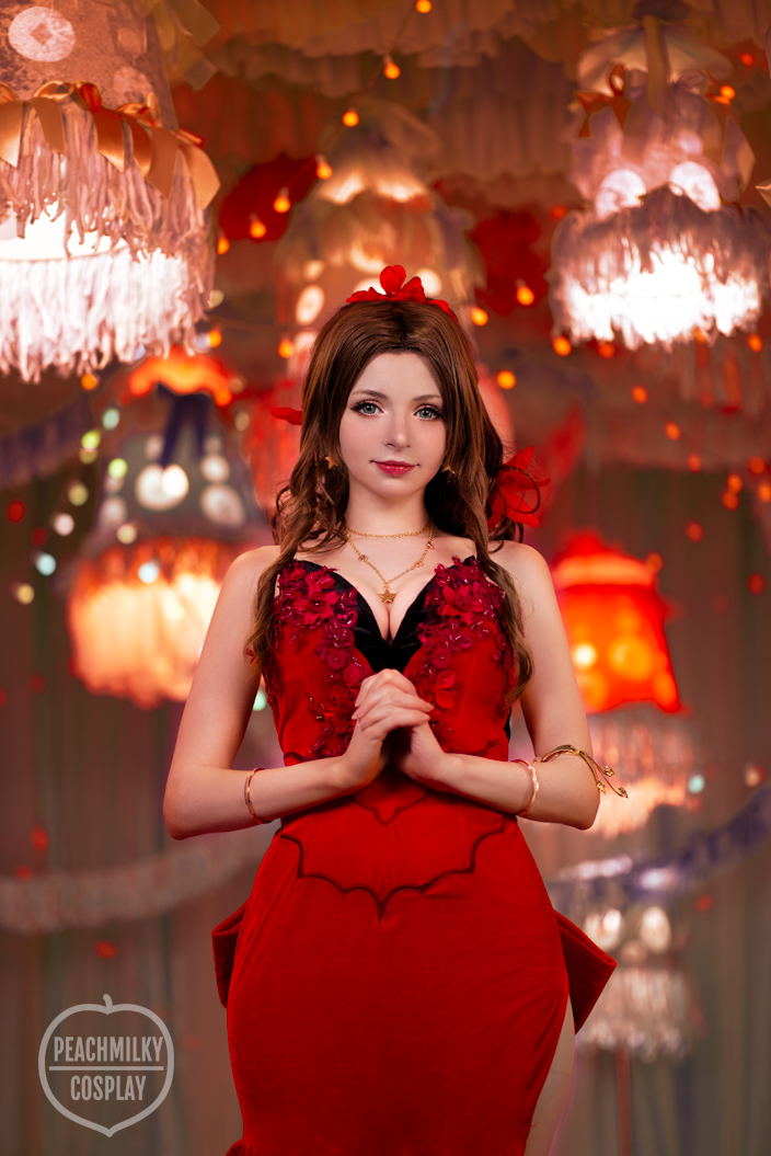 open lace back dress Final Fantasy VII Remake FF7 Remake Aerith HoneyBee Red Dress Cosplay  Costume