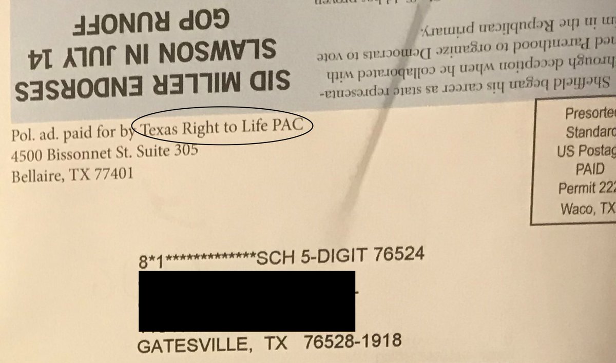 The thing with political advertisements is they have to disclose who paid for it. And this one for Shelby Slawson was paid for by Texas Right to Life PAC.