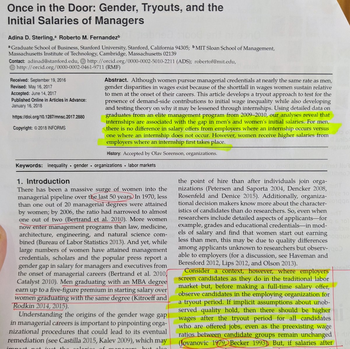 Okay, next up is a scholar of strategy and organizations Adina Sterling. She is a professor at  @StanfordGSB and studies networks and labor markets. Here is the paper: https://pubsonline.informs.org/doi/10.1287/mnsc.2017.2880"Once in the Door: Gender, Tryouts, and the Initial Salaries of Managers"
